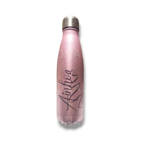 Botella efecto purpurina personalizada con nombre adornado con cinta